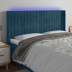 Cabeceira cama c/ luzes LED veludo 203x16x118/128cm azul-escuro