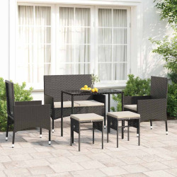 6 Pcs conjunto lounge de jardim c/ almofadões vime PE preto