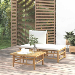 3 Pcs conjunto lounge de jardim bambu c/ almofadões branco nata