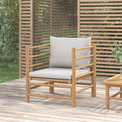 Sofá de jardim bambu com almofadões cinzento-claro