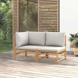 2 Pcs conj. lounge de jardim bambu c/ almofadões cinzento-claro