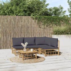 5 Pcs conjunto lounge jardim bambu c/ almofadões cinza-escuro