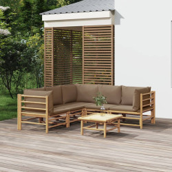 6 Pcs conj. lounge jardim bambu almofadões cinzento-acastanhado
