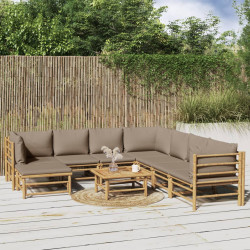 9 Pcs conj. lounge jardim bambu almofadões cinzento-acastanhado