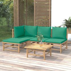 5 Pcs conjunto lounge de jardim bambu c/ almofadões verdes