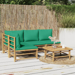 5 Pcs conjunto lounge de jardim bambu c/ almofadões verdes