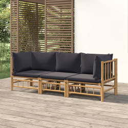 3Pcs conj. lounge de jardim bambu c/ almofadões cinzento-escuro