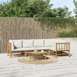6 Pcs conjunto lounge de jardim bambu c/ almofadões branco nata