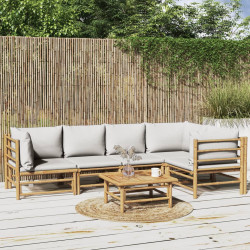 6 Pcs conj. lounge de jardim bambu c/ almofadões cinzento-claro