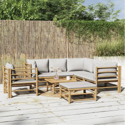 8 Pcs conj. lounge de jardim bambu c/ almofadões cinzento-claro