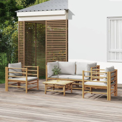 5 Pcs conj. lounge de jardim bambu c/ almofadões cinzento-claro