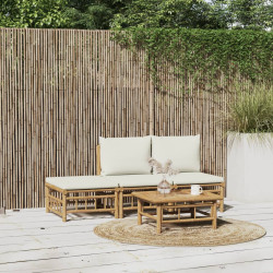 4 Pcs conjunto lounge de jardim bambu c/ almofadões branco nata