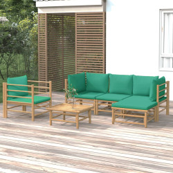 6 Pcs conjunto lounge de jardim bambu c/ almofadões verdes