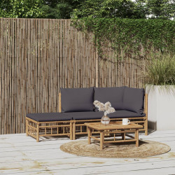 3Pcs conj. lounge de jardim bambu c/ almofadões cinzento-escuro