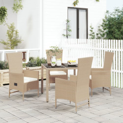 5 Pcs conjunto de jantar p/ jardim com almofadões vime PE bege