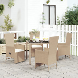 5 Pcs conjunto de jantar p/ jardim com almofadões vime PE bege