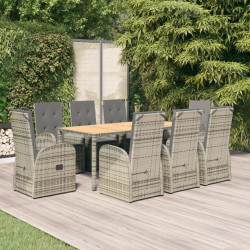 9 Pcs conjunto de jantar p/ jardim c/ almofadões vime PE cinza