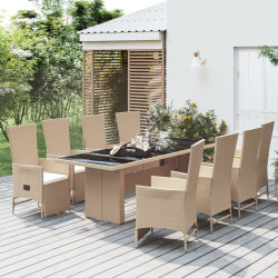 9 Pcs conjunto de jantar p/ jardim com almofadões vime PE bege