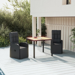 3 Pcs conjunto de jantar p/ jardim vime PE/acácia maciça preto