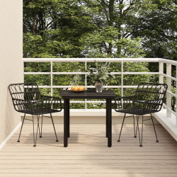 3 Pcs conjunto de jantar para jardim vime PE preto