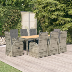 9 Pcs conjunto de jantar p/ jardim c/ almofadões vime PE cinza