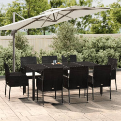 9 Pcs conjunto de jantar p/ jardim c/ almofadões vime PE preto