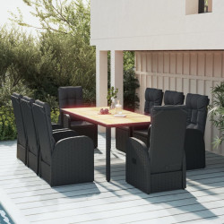 9 Pcs conjunto de jantar p/ jardim c/ almofadões vime PE preto