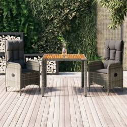 3 Pcs conjunto de jantar p/ jardim c/ almofadões vime PE cinza