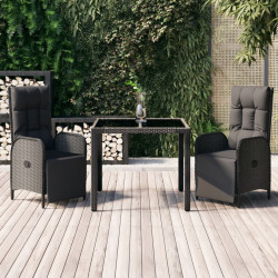3 Pcs conjunto de jantar p/ jardim c/ almofadões vime PE preto