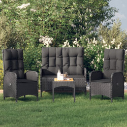 4 Pcs conjunto de jardim p/ jardim c/ almofadões vime PE preto