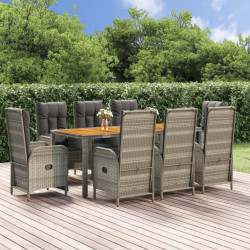 9 Pcs conjunto de jantar p/ jardim c/ almofadões vime PE cinza