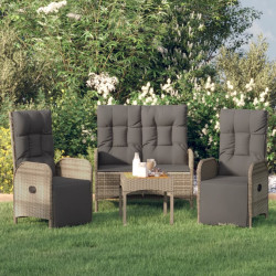 3 Pcs conjunto de jantar p/ jardim c/ almofadões vime PE cinza