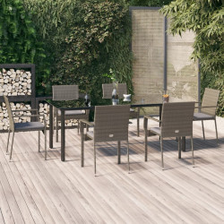 7 Pcs conjunto jantar jardim c/ almofadões vime PE preto/cinza
