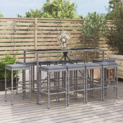 11 Pcs conjunto de bar p/ jardim c/ almofadões vime PE cinzento