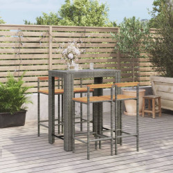 5 Pcs conjunto de bar p/ jardim vime PE/acácia maciça cinzento