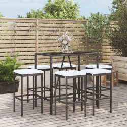 7 Pcs conjunto de bar para jardim c/ almofadões vime PE preto