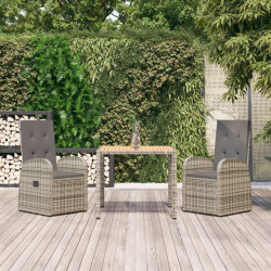 3 Pcs conjunto de jantar p/ jardim c/ almofadões vime PE cinza