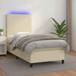 Cama box spring c/ colchão/LED 100x200cm couro artificial creme