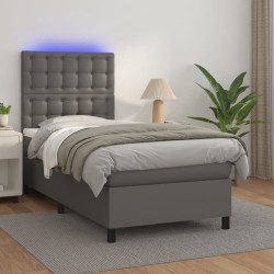 Cama box spring c/ colchão/LED 80x200 cm couro artificial cinza