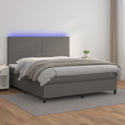 Cama box spring c/ colchão/LED 160x200cm couro artificial cinza