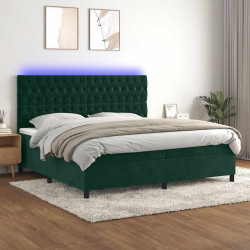Cama box spring c/ colchão/LED 200x200 cm veludo verde-escuro