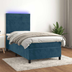 Cama box spring c/ colchão/LED 90x200 cm veludo azul-escuro