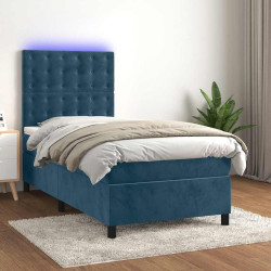 Cama box spring c/ colchão/LED 90x190 cm veludo azul-escuro