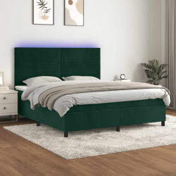 Cama box spring c/ colchão/LED 180x200 cm veludo verde-escuro