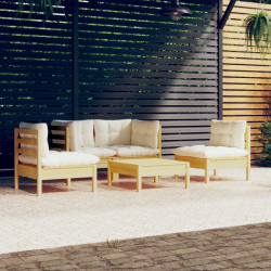 5 Pcs conjunto lounge jardim c/ almofadões creme pinho maciço