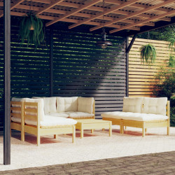 7 Pcs conjunto lounge jardim c/ almofadões creme pinho maciço