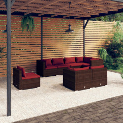 8 Pcs conjunto lounge jardim c/ almofadões vime PE castanho