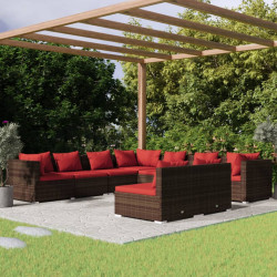9 Pcs conjunto lounge jardim c/ almofadões vime PE castanho