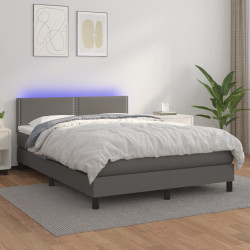 Cama box spring c/ colchão/LED 140x200cm couro artificial cinza