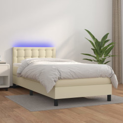 Cama box spring c/ colchão/LED 90x190 cm couro artificial creme